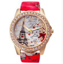 Leather Eiffel Tower Pattern Analog Quartz