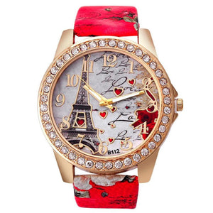 Leather Eiffel Tower Pattern Analog Quartz