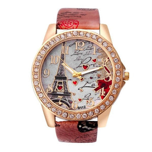 Leather Eiffel Tower Pattern Analog Quartz