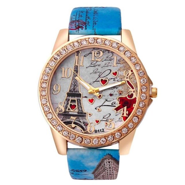 Leather Eiffel Tower Pattern Analog Quartz